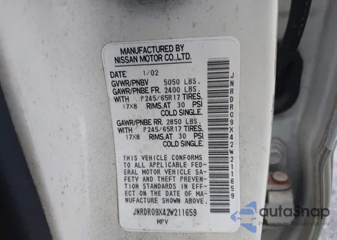 2002 Infiniti Qx4 Luxury из США, поврежденный, VIN JNRDR09X42W211659